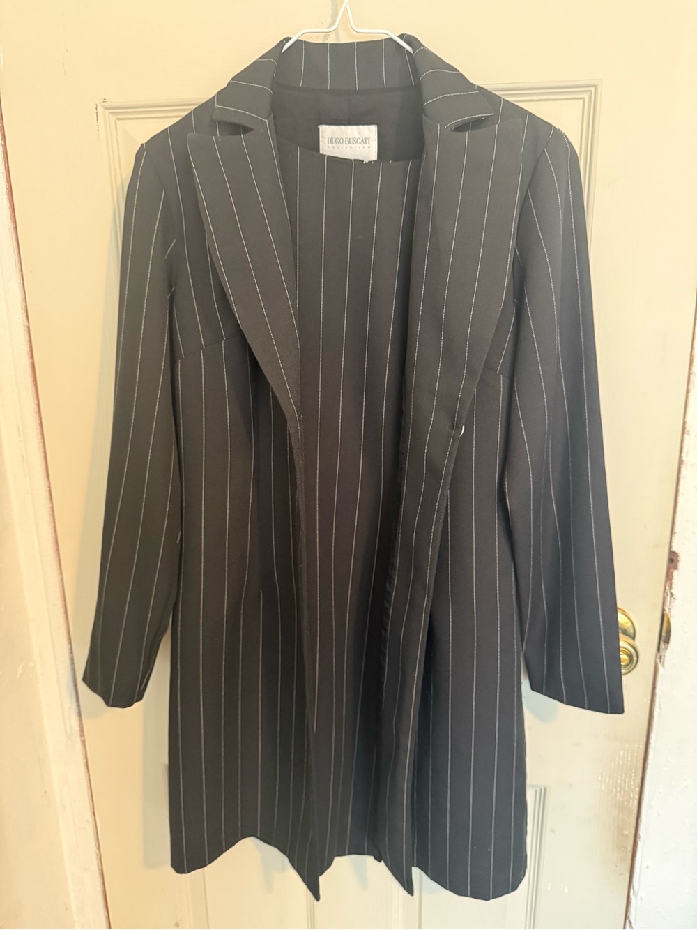 Hugo Buscati Black Pinstripe Long Trench Coat